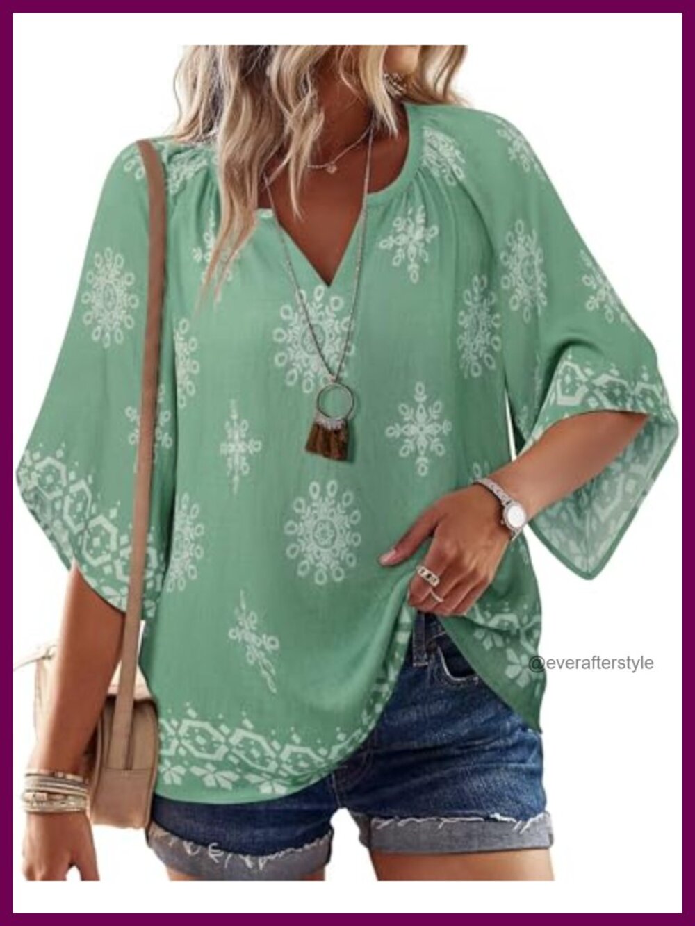 Womens 3/4 Bell Sleeve V Neck Floral Peasant Tunic Boho Blouse